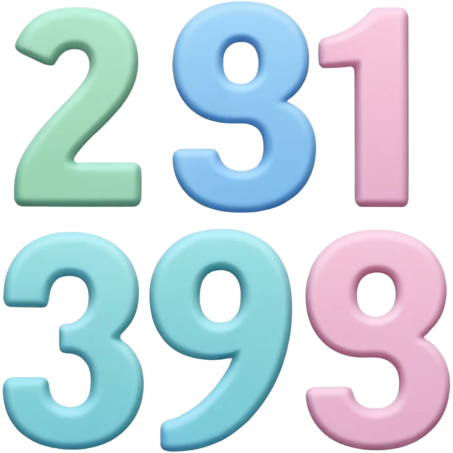 Numbers 1, 2, 3 in pastel colors (pink, blue, green), Pixar-style 3D, hand-drawn texture, soft shadow, transparent background emoji