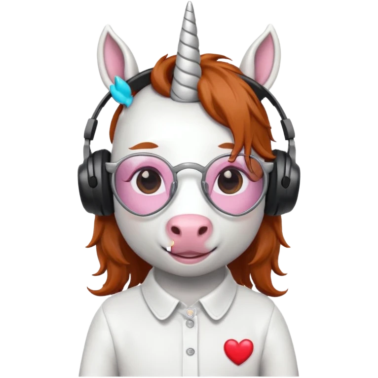 headphone wearing white unicorn with dark ginger hair and heart shaped spectacles very unicorn looking emoji