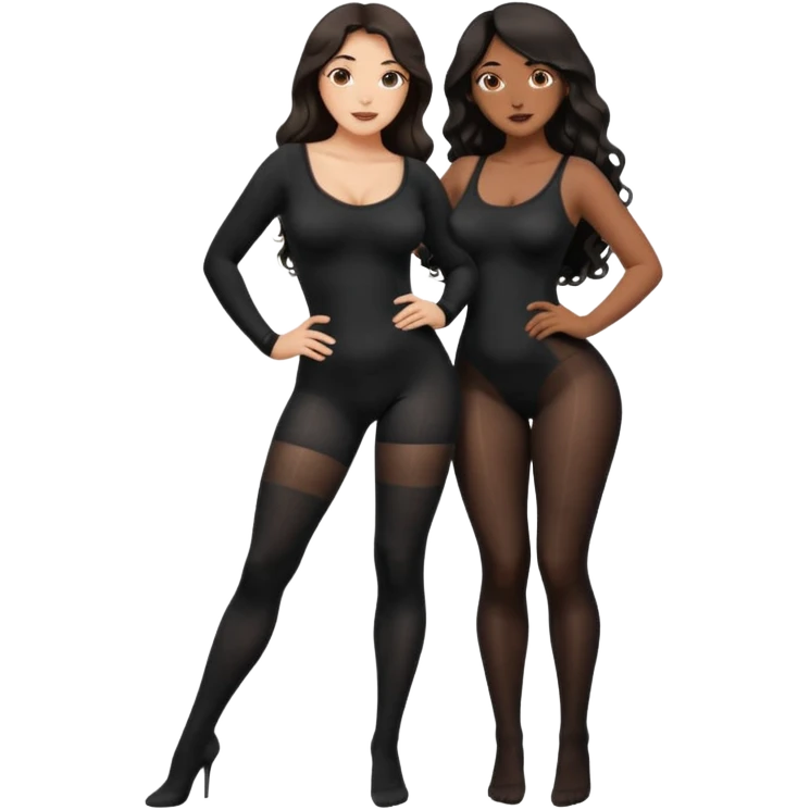 Curvy woman with brown skin with long wavy black hair, brown eyes, wearing black body stocking. She's bent over touching her toes. A white skinned man with dark brown hair is standing behind her holding her hips emoji