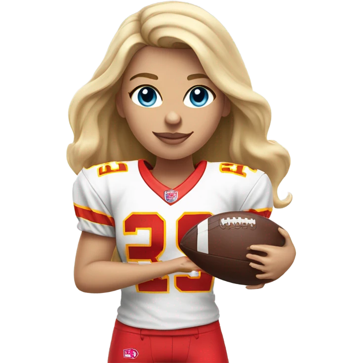 Blonde woman with blue eyes playing chiefs football emoji