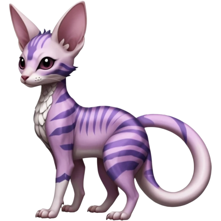 scaly, Purple, white, black, Minccino-Sphynx-Lykoi-Linoone-Zangoose-fusion-hybrid-animal-Fakémon-creature, full body, thin long sleek scaly tail, intricate markings emoji