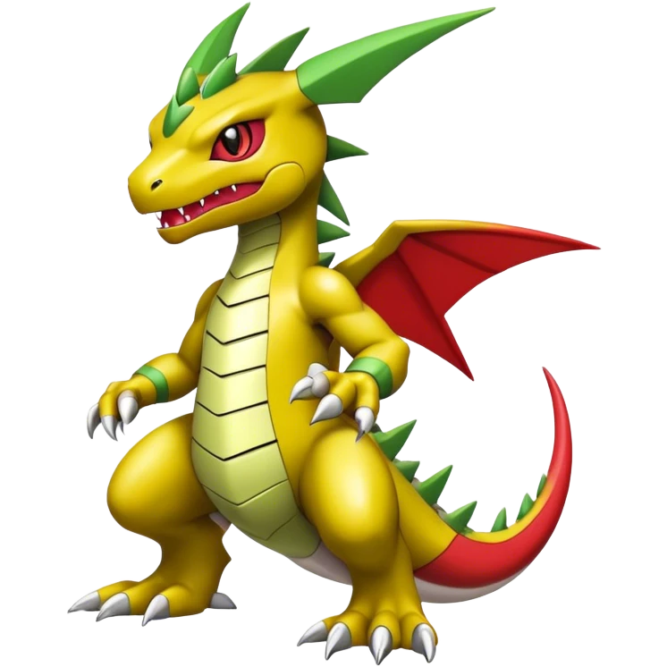 Cool edgy cute shiny futuristic Guilmon-Flygon-Tyranitar-Digimon-hybrid-fusion, yellow belly, full body emoji