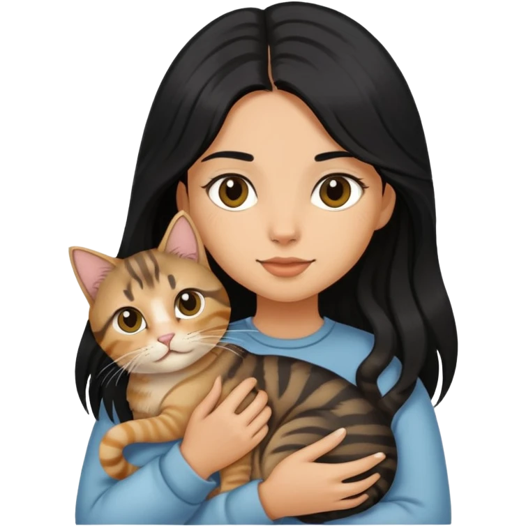 Long black hair girl holding a haired tabby cat emoji