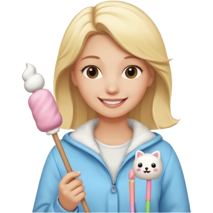 blonde woman cute clothes holding marshmallow stick emoji