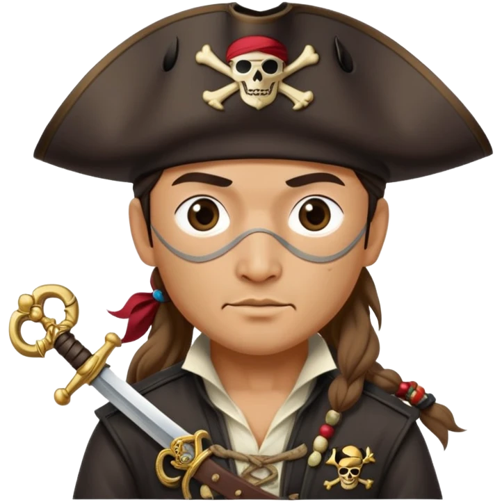 Kazakh pirate wearing traditional Kazakh hat and clothes with an eye patch and a pirate sword emoji