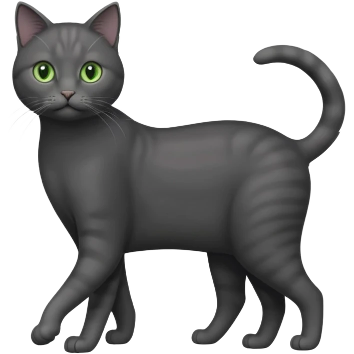 full body gorgeous solid dark grey cat with green eyes, white paws and white whiskers walking emoji