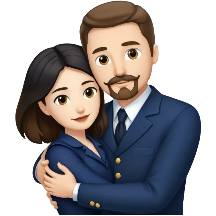 tall white man with brown hair goatee mustache hugging a pale woman with long black hair, wearing navy formal clothing emoji