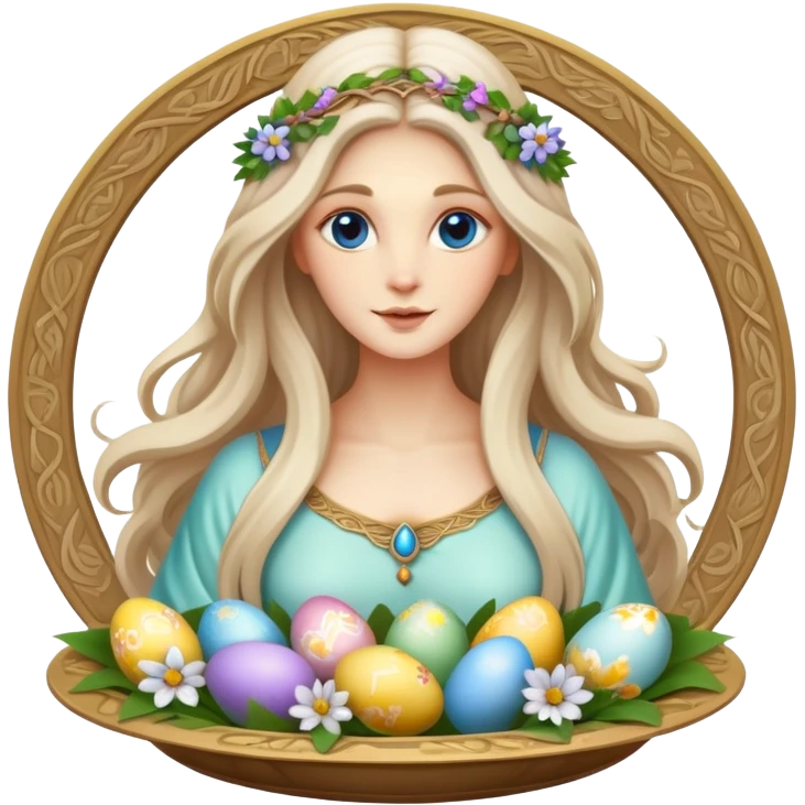 A beautiful goddess Eostre with flowing hair and spring flowers, holding Easter eggs and a Passover seder plate emoji