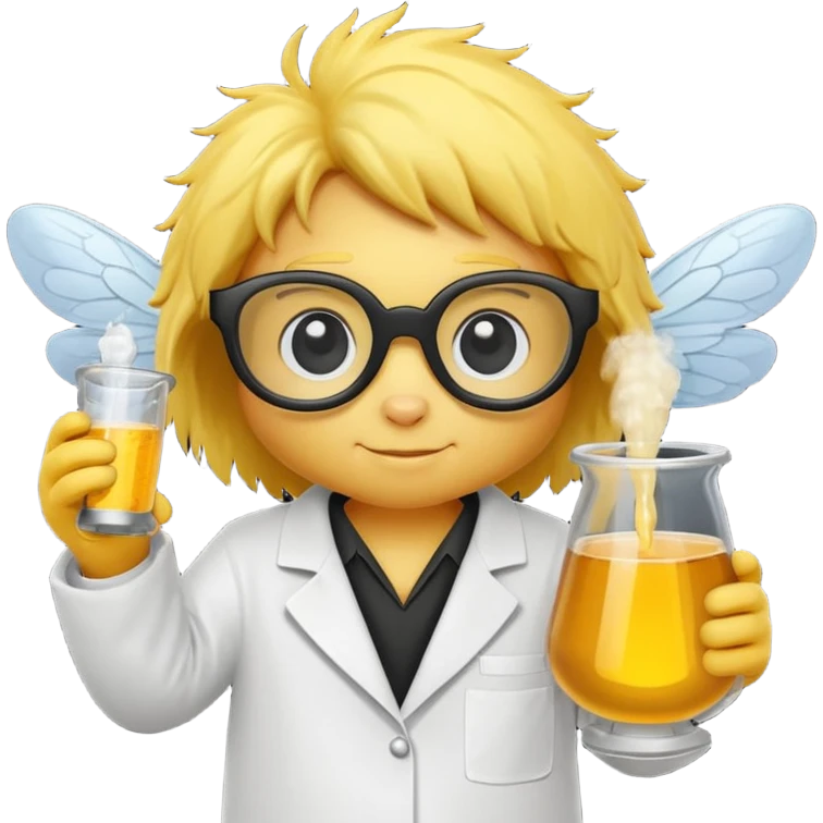 a bumblebee wearing a white lab coat holding a beaker emoji