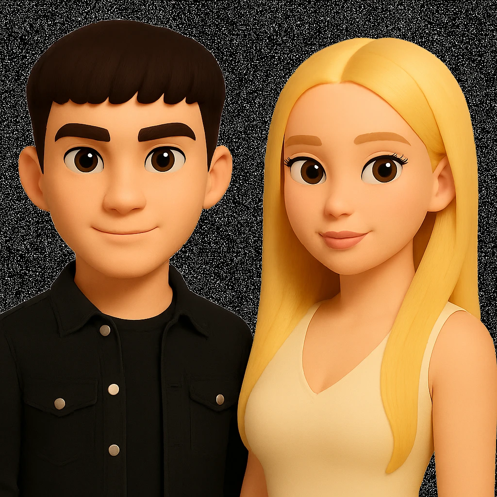 Slightly increase the volume of the upper body of the girl, separate the girl and the boy from each other, and make the skin color the same for both characters. Maintain the cartoonish 3D style in the edit. emoji