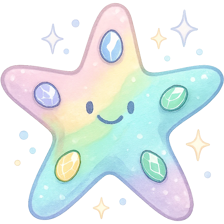 stylized sea star, pastel rainbow, sparkling jewels, soft highlights, slightly cartoonish, no background emoji