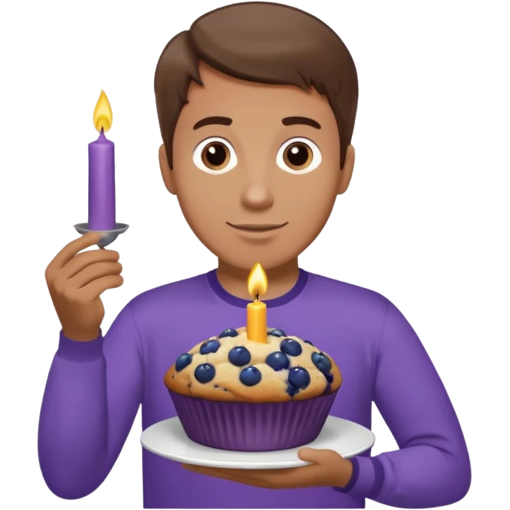 Make a white man with brown hair wearing a shirt that says happy b day Virginia holding a blueberry muffin with a birthday candle in it. Have him holding multiple muffins and no candles in hand. Have him wearing a purple shirt  emoji