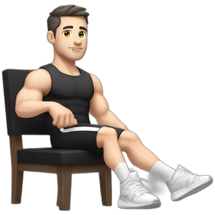 Pale skinned Fit Man With the biceps and dark brown hair in black shirt, gray sports shorts and white Sneakers Sitting on a chair emoji