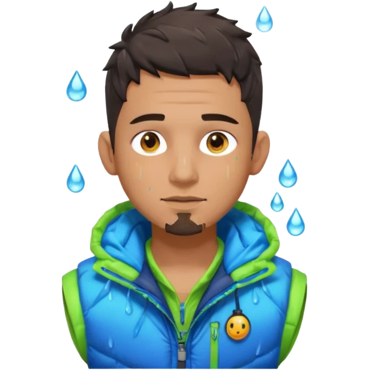 Cyberpunk street adult, hispanic, male, messy undercut, puffer vest over hoodie, glowing earpiece, light stubble, brown eyes, neon reflections, raindrops, dark background. emoji
