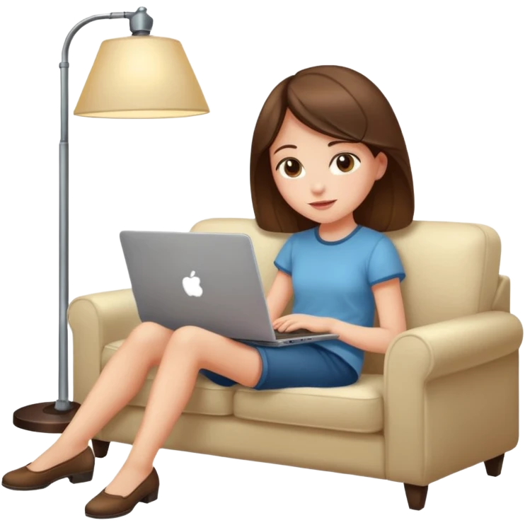 A girl is working with a laptop while lying on a sofa, with a floor lamp to the right. emoji