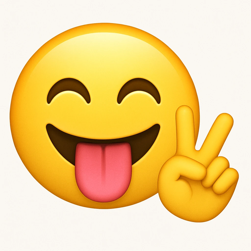 Yellow face iPhone emoji, tongue sticking out, putting up a peace sign emoji