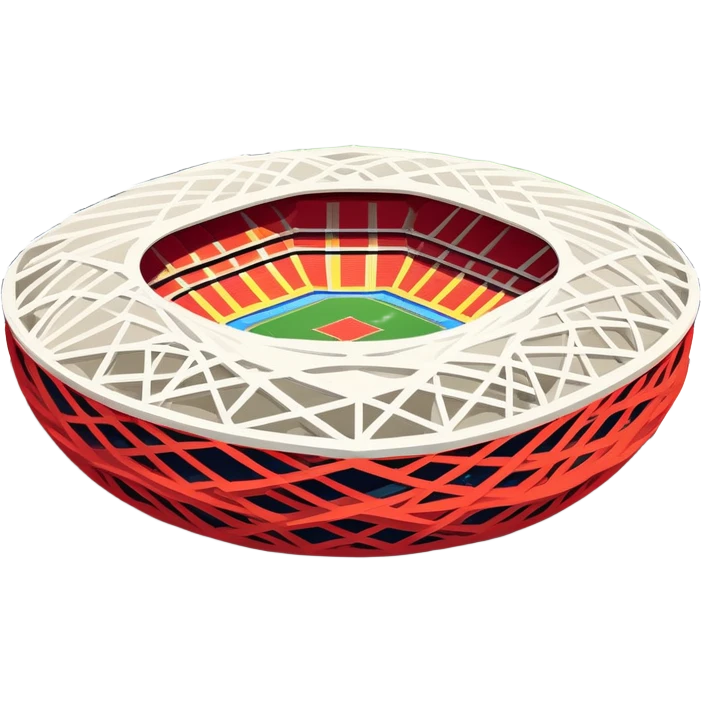 Beijing National Stadium Bird's Nest Olympic structure, simplified emoji style with bold outlines and bright colors, cartoon style modern nest-like building emoji
