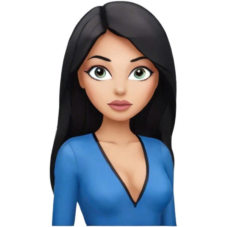 Glamours, tanned, beautiful, girl, with big pump peach-beige-rose lips, eyeliner, long lashes, black straight smooth silky long hair, straight parting hair, blue-grey eyes in black v-neck bodysuit emoji
