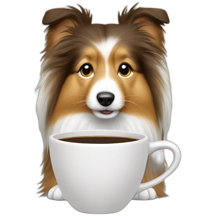 Sheltie drinks a coffee emoji