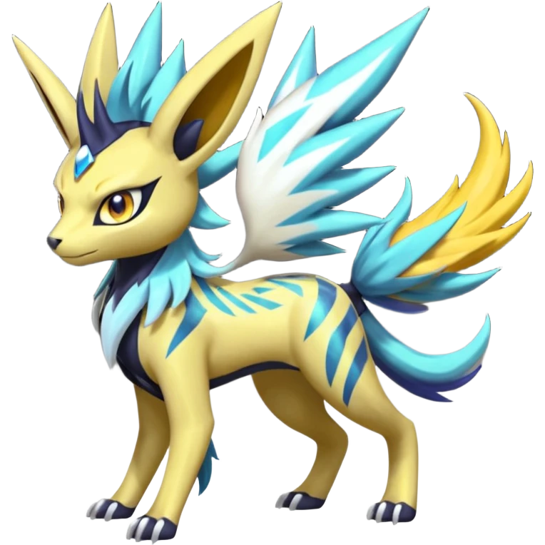 Shiny colorful exotic Feral Scaly Striking Slaying Badass Evil Handsome Lightning-patterned Zig-zagged buzzy fuzzy Meloetta-Renamon-Luxray-Cobalion-Suicune-Vernid-fusion-hybrid-creature, full body  emoji