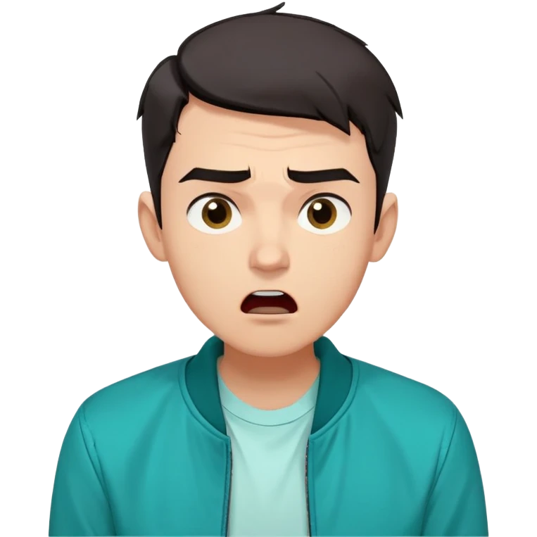 Create a set of 5 Twitch-style emotes based on a young man with short dark hair, expressive eyebrows, and a puzzled or skeptical facial expression. The emotes should be in a cartoon style with clean outlines and vibrant colors. Each emote should reflect a different exaggerated reaction: confusion, shock, laughing, angry, and smug. Use a transparent background and ensure the expressions are clearly readable even at small sizes. The character should be wearing a teal jacket and white t-shirt, as in the reference photo. emoji