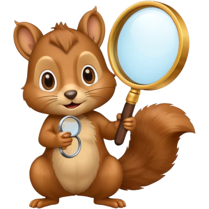 a cute real squirrel standing or sitting, holding a huge magnifying glass, emoji style emoji