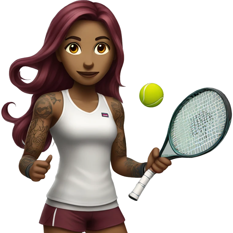 Beautiful tattooed  burgundy long haired woman playing tennis emoji