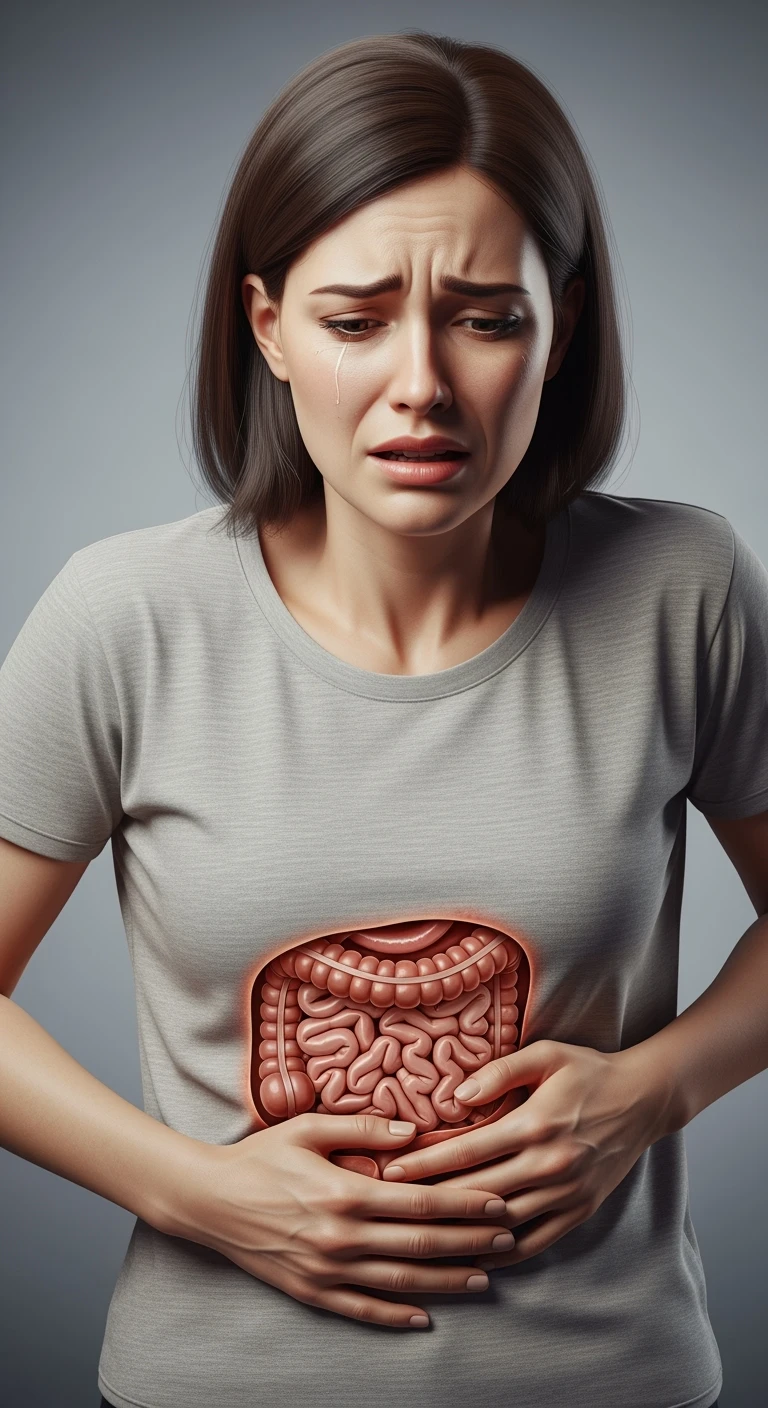 donna stressata con intestino umano anatomico in evidenza, iperrealistica 4k emoji