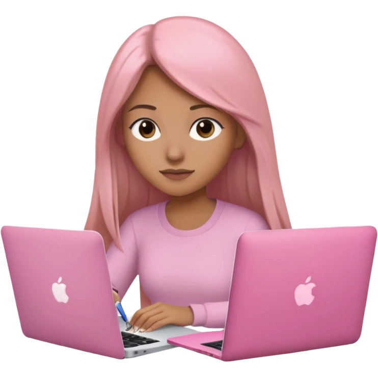 Mujer lacia peli larga y peli larga  en una MacBook rosa investigando y haciendo tareas con un libro de apuntes y con cara muy linda como modelo emoji