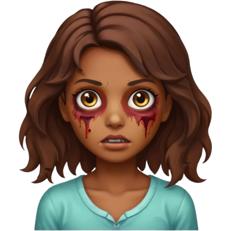 Garota zumbi com cabelos castanhos ondulados médio, olhos castanhos grandes e cílios longos  emoji