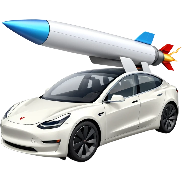 Tesla model 3 white. Two rockets mounted flat on roof emoji