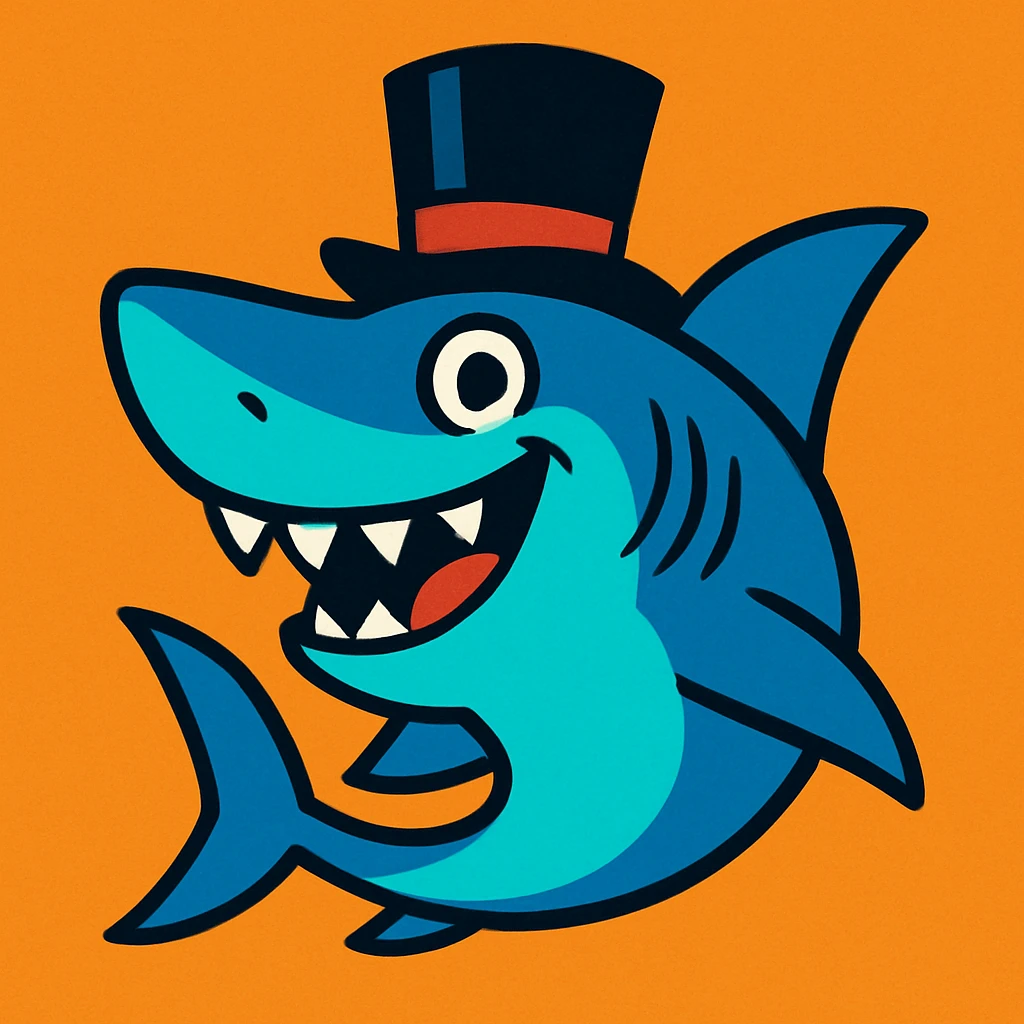 shark wearing a top hat, fun and whimsical style, vibrant toon style emoji
