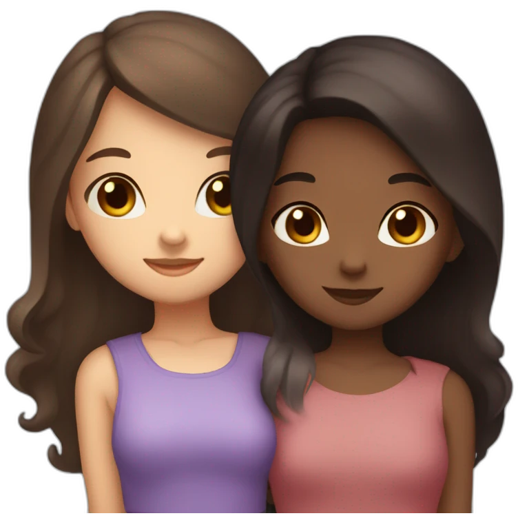 one girl long dark hair and clear skin and one girl long brown hair and darker skin hugging emoji