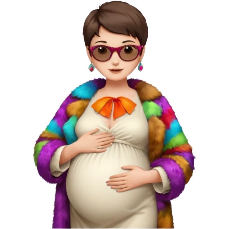 pregnant stylish woman with short pixie brunette hair happily touching her big belly while wearing white dress and fancy brown fur coat and colorful shades emoji