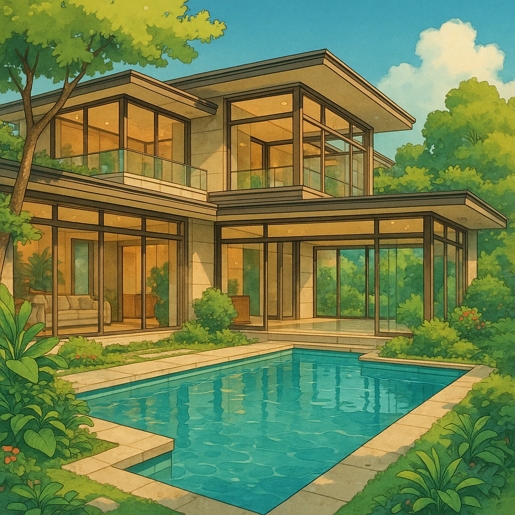 stunning luxury home with large windows and an indoor pool, elegant modern architecture, lush landscaping, ghibli style emoji