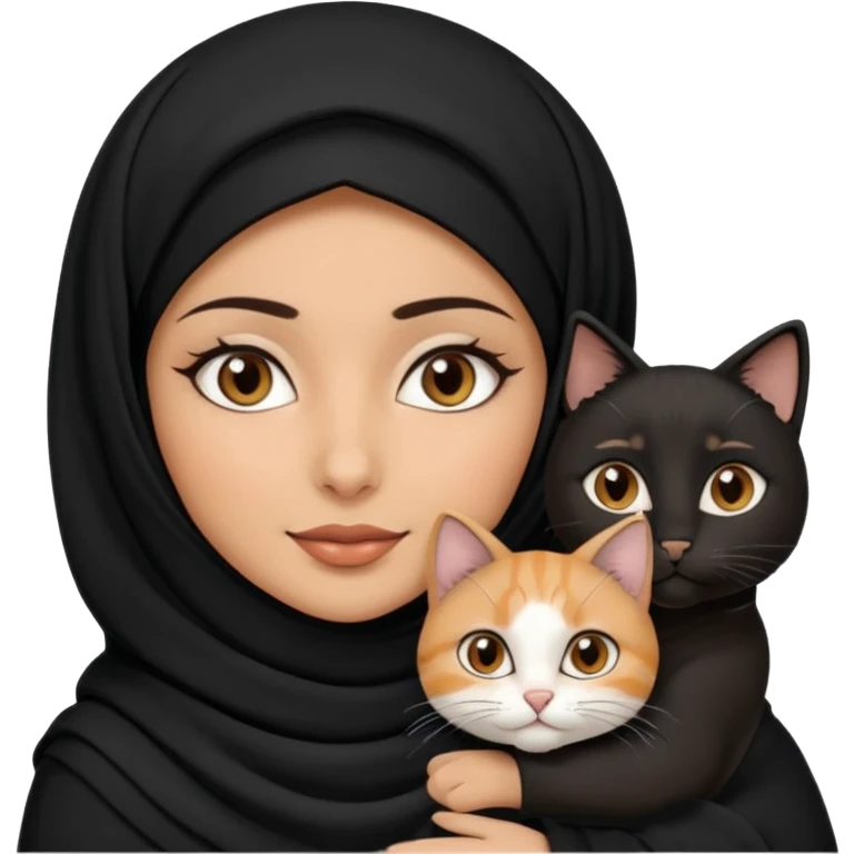 A Arabic woman human with brown eyes and black hijab. , the human is a human no cat ears, two cats, the both cats have the colour black and white in the same colour, not orange cat,  NO CAT EARS ON THE HUMAN ,  emoji