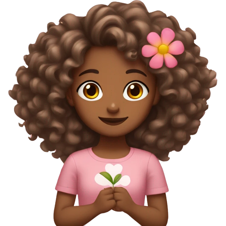 Girl with brown skin curly hair doing a heart with her hands and a flower on her hair emoji