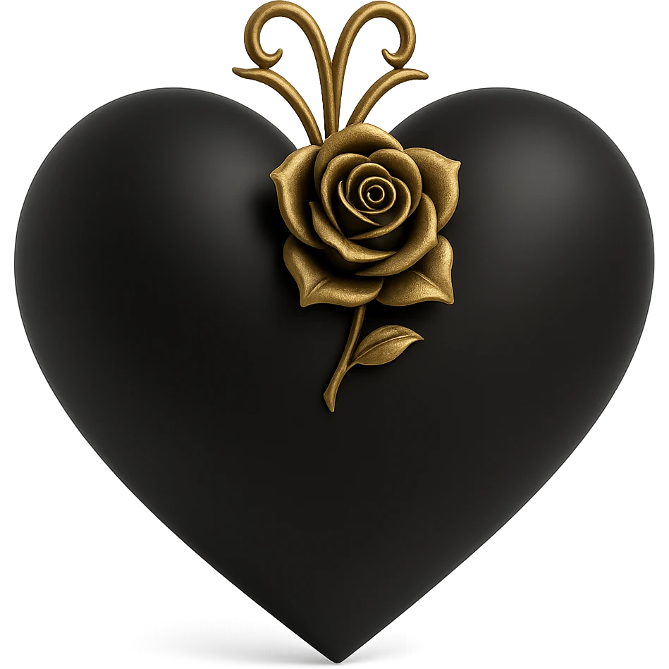 Add a gothic rose accent to the 3D goth black heart, maintaining the dark and glossy look with a gothic aesthetic. emoji
