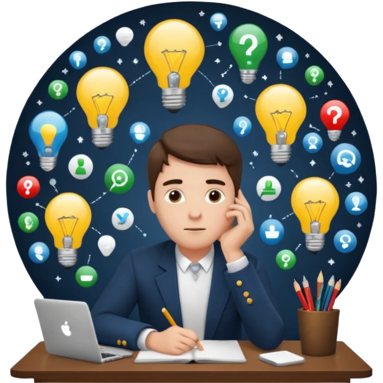 a man sitting at a desk, head resting on hand, imagining future careers, lightbulb and icons above head emoji