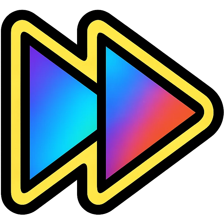 two right-pointing triangles or right-pointing triangle with vertical line next symbol, vibrant moving galaxy colors, yellow or green neon glow border emoji