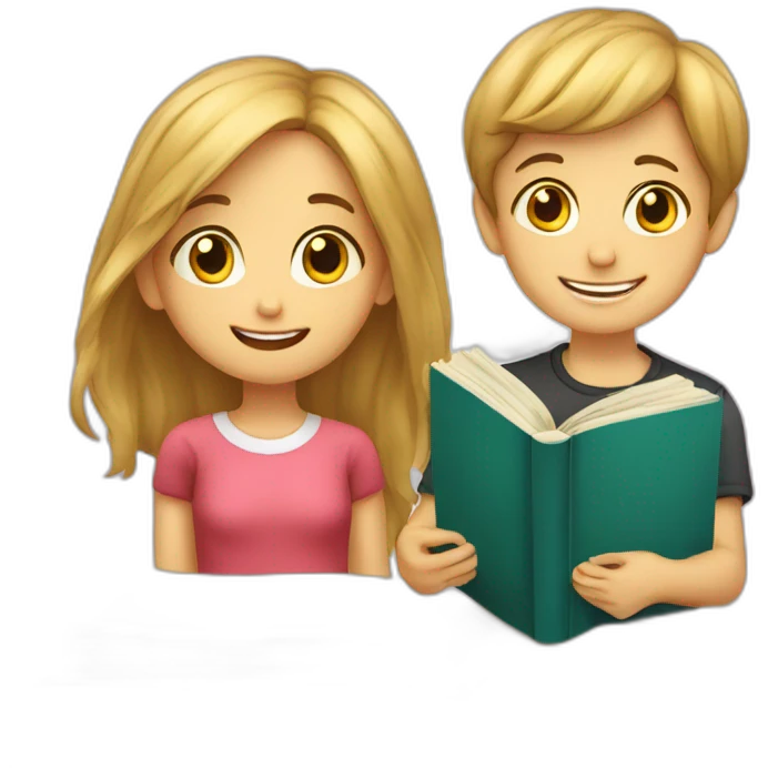 boy and girl of seven years old with an English textbook emoji