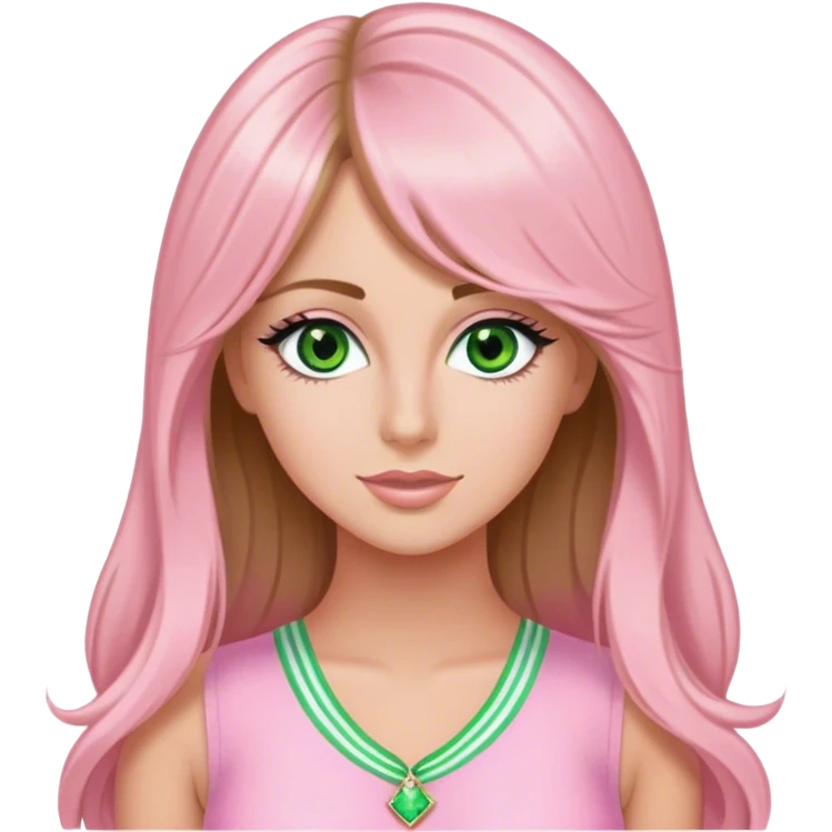 pretty white woman with very long brown hair and green eyes and light pink outfit dressed like sharpay evans emoji