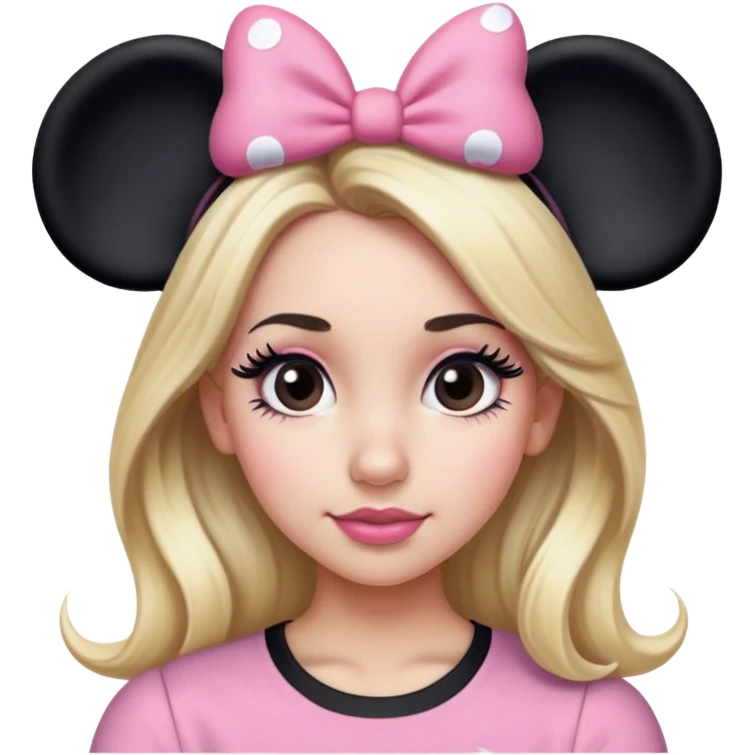 Woman with long blonde hair, brown eyes, brown eyebrows, blush cheeks with pink and black Minnie mouse ears with pink and black Minnie mouse shirt with long black eyelashes emoji