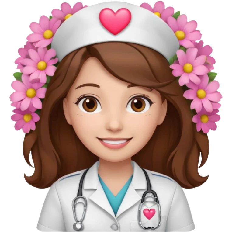 Brown hair Nurse with pink heart and flowers surround her head emoji