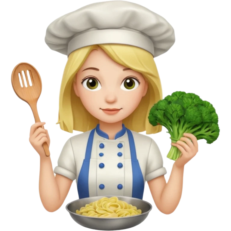 Girl cooking pasta for the first time with broccoli emoji