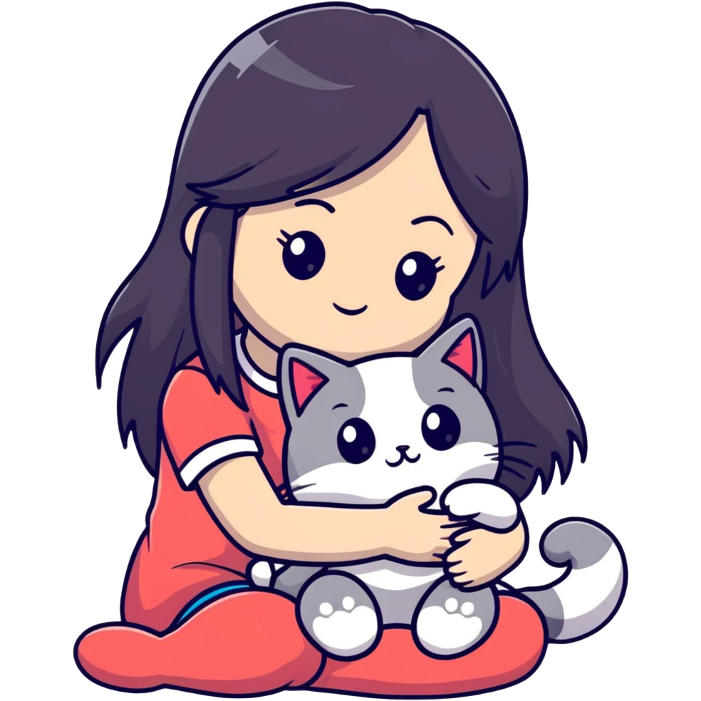 Girl with straight black long hair hugging a colorpoint ragdoll plush toy and a tricolor long-haired cat emoji