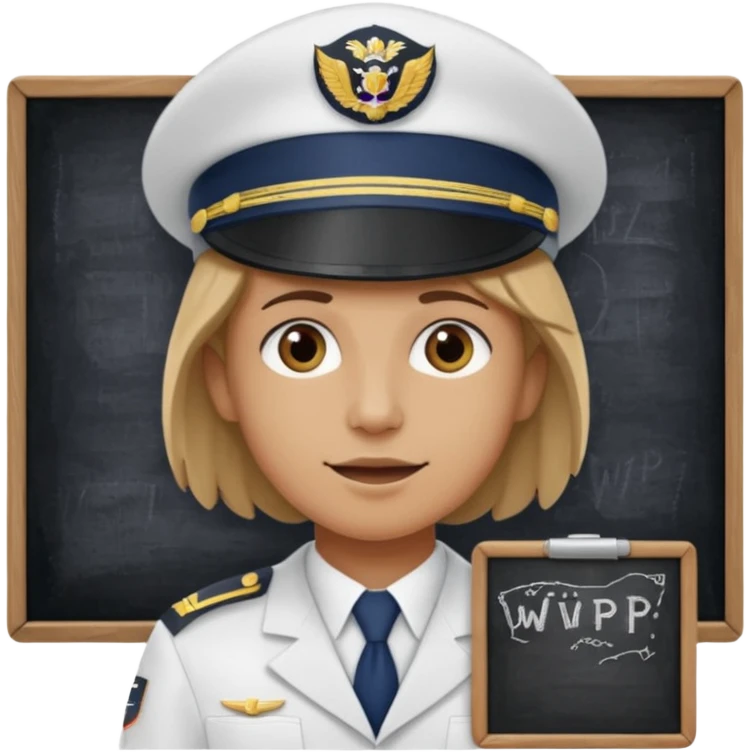Slack-style emoji of a pilot wearing a navy captain hat holding a blackboard with the text "WIP" on it emoji