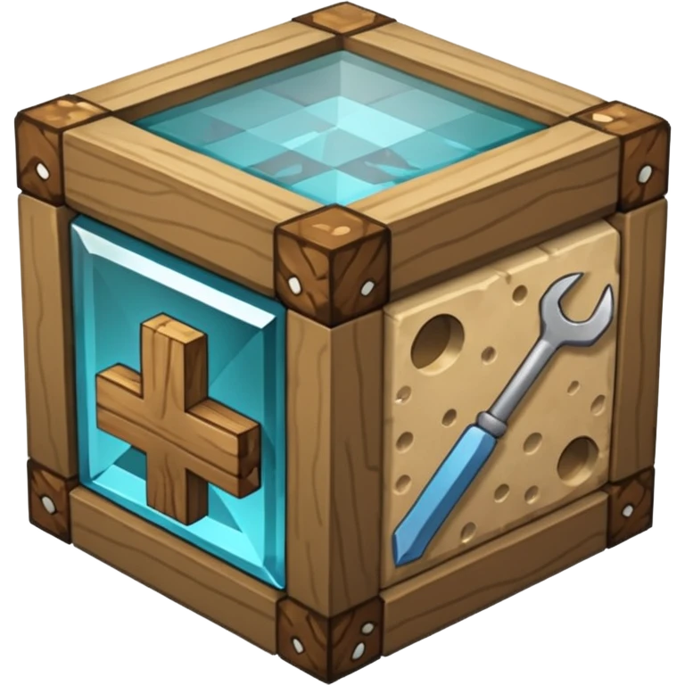 crafting table with tools like a minecraft style cube crafting table 100% like a minecraft table crafting, with on the right, left, a glass showing crafting merging between stone and wood emoji