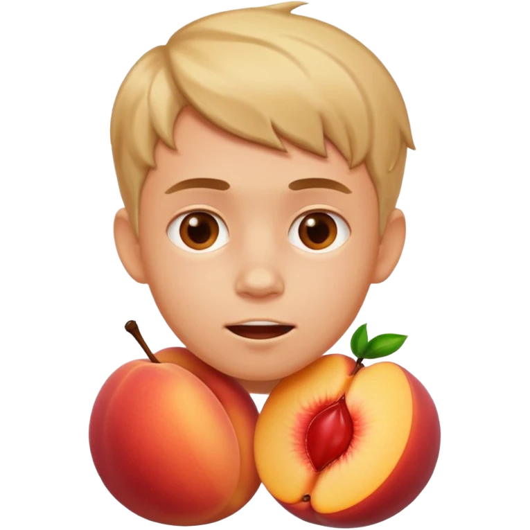 Boy with his face stuck in a juicy peach emoji