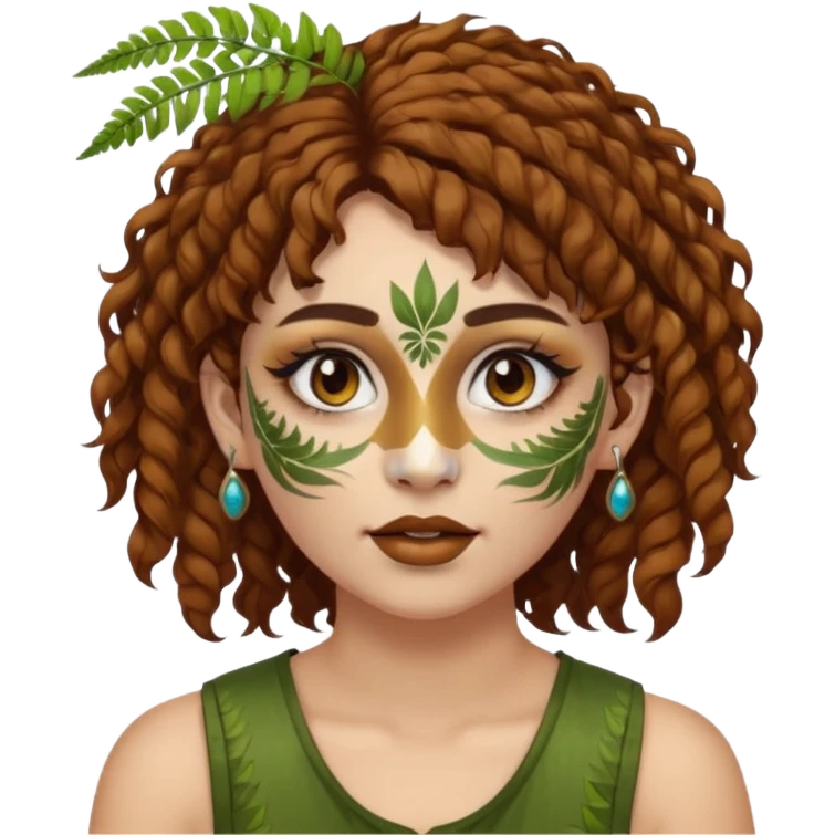 portrait woman short curly brown mullet hair brown eyes white skin with fern face paint and nose ring emoji